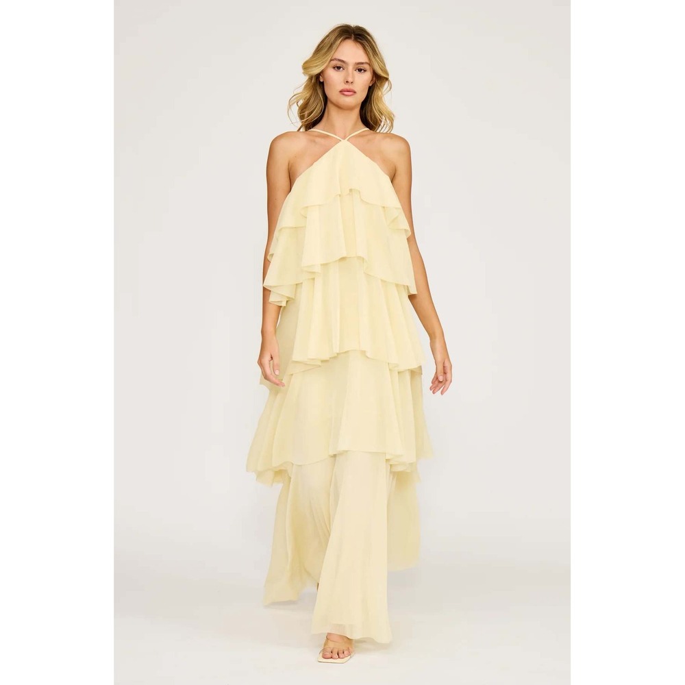 Lucy Paris Women's Emery Ruffle Maxi Dress Yellow XS Chiffon Wedding Guest